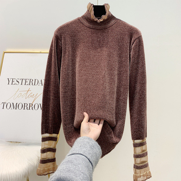 Női bársony pulóver magas gallérral, fehér, fekete és barna színben