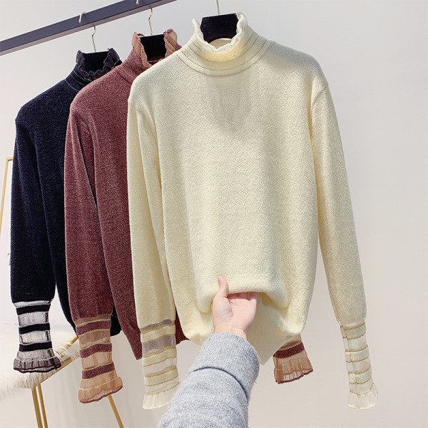 Női bársony pulóver magas gallérral, fehér, fekete és barna színben