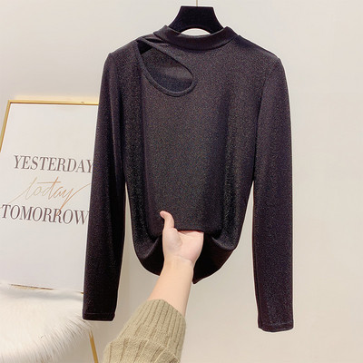 Fényes hatású női blúz félmagas gallérral arany, ezüst és fekete színben