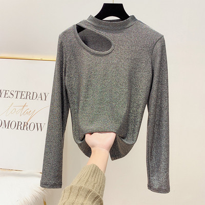 Fényes hatású női blúz félmagas gallérral arany, ezüst és fekete színben