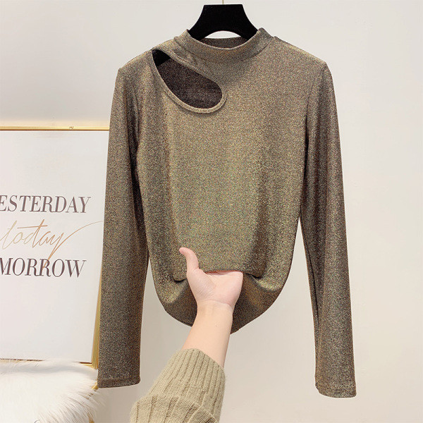 Fényes hatású női blúz félmagas gallérral arany, ezüst és fekete színben