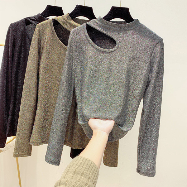 Fényes hatású női blúz félmagas gallérral arany, ezüst és fekete színben