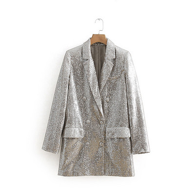 Модерна дамско сако прав модел с двуредно закопчаване и джобове в сребрист цвят с пайети