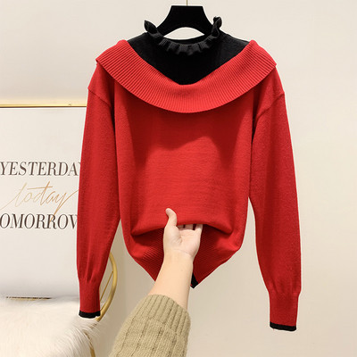 Női téli pulóver magas gallérral, piros, fehér és fekete színben