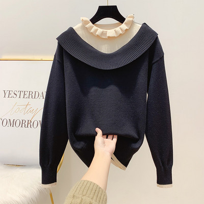 Női téli pulóver magas gallérral, piros, fehér és fekete színben