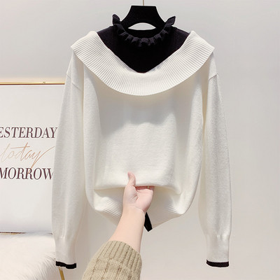 Női téli pulóver magas gallérral, piros, fehér és fekete színben