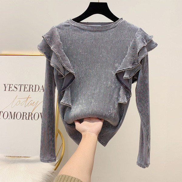 Pulover de catifea de dama cu bucle in maro, albastru, roz si bej