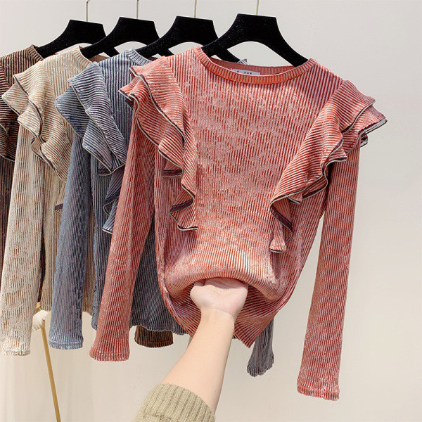 Pulover de catifea de dama cu bucle in maro, albastru, roz si bej