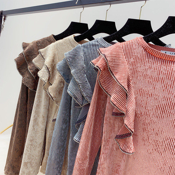 Pulover de catifea de dama cu bucle in maro, albastru, roz si bej