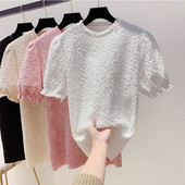 Rövid ujjú, kerek nyakkivágású női pulóver fehér, rózsaszín, fekete és bézs színben