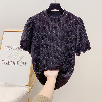 Rövid ujjú, kerek nyakkivágású női pulóver fehér, rózsaszín, fekete és bézs színben