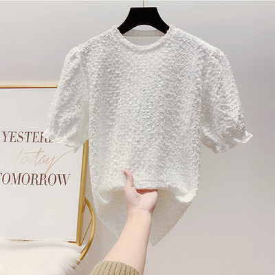 Rövid ujjú, kerek nyakkivágású női pulóver fehér, rózsaszín, fekete és bézs színben