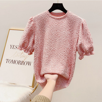 Rövid ujjú, kerek nyakkivágású női pulóver fehér, rózsaszín, fekete és bézs színben