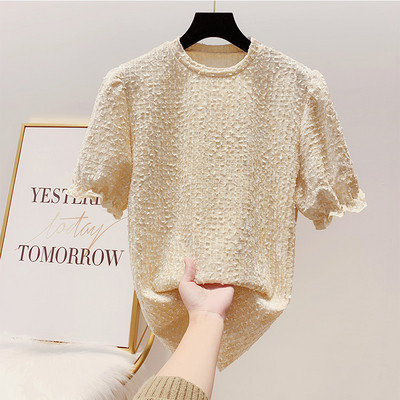 Rövid ujjú, kerek nyakkivágású női pulóver fehér, rózsaszín, fekete és bézs színben