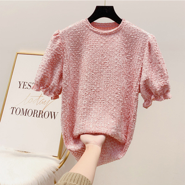 Rövid ujjú, kerek nyakkivágású női pulóver fehér, rózsaszín, fekete és bézs színben