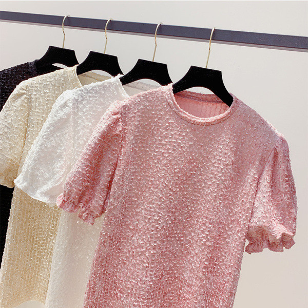 Rövid ujjú, kerek nyakkivágású női pulóver fehér, rózsaszín, fekete és bézs színben