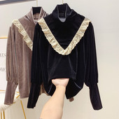 Női bársony blúz magas gallérral és széles ujjú fekete és barna színben