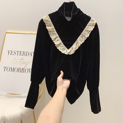 Női bársony blúz magas gallérral és széles ujjú fekete és barna színben