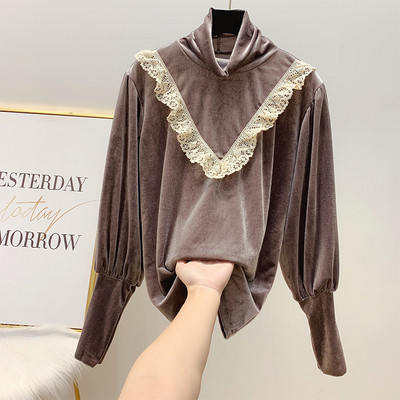 Női bársony blúz magas gallérral és széles ujjú fekete és barna színben