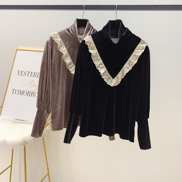 Női bársony blúz magas gallérral és széles ujjú fekete és barna színben