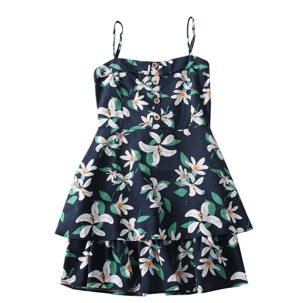 Női ruha vékony pántokkal, gombokkal és virágmotívumokkal fehér, kék és sárga színben