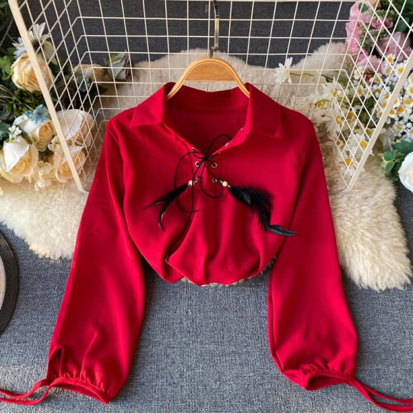 Női ing klasszikus gallérral és tollas keresztkötésekkel