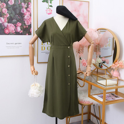 Rochie casual de dama cu maneci scurte, nasturi si decolteu spitz - mai multe culori