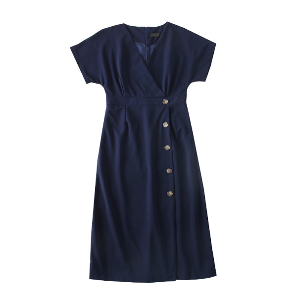 Rochie casual de dama cu maneci scurte, nasturi si decolteu spitz - mai multe culori