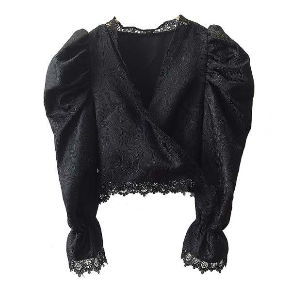 Modern női blúz spitz nyakkivágással és lótusz ujjú fekete és bézs színben