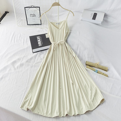 Γυναικείο πλισέ φόρεμα με λεπτούς ιμάντες και ζώνη σε μαύρο, κόκκινο, λευκό και καφέ  χρώμα