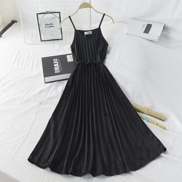 Γυναικείο πλισέ φόρεμα με λεπτούς ιμάντες και ζώνη σε μαύρο, κόκκινο, λευκό και καφέ  χρώμα