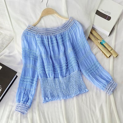 Női blúz csónakos nyakkivágással, kék, rózsaszín, narancssárga, fehér és fekete színekben