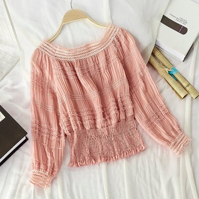 Női blúz csónakos nyakkivágással, kék, rózsaszín, narancssárga, fehér és fekete színekben