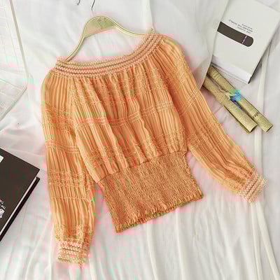 Női blúz csónakos nyakkivágással, kék, rózsaszín, narancssárga, fehér és fekete színekben