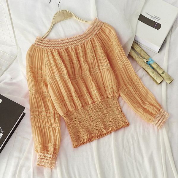 Női blúz csónakos nyakkivágással, kék, rózsaszín, narancssárga, fehér és fekete színekben