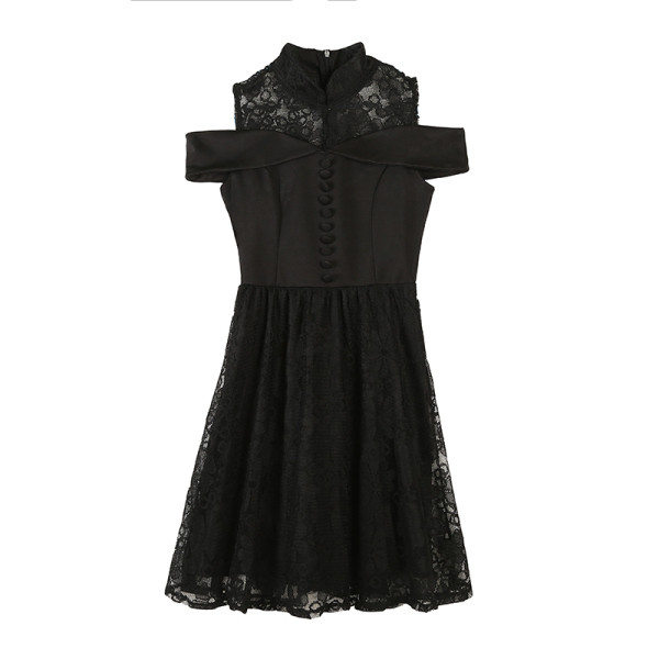 Rochie eleganta cu dantela neagra cu guler polo si umerii goi