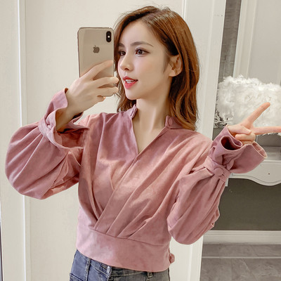 Női ing V-nyakú, derékrészben gumírozott rózsaszín és barna színben