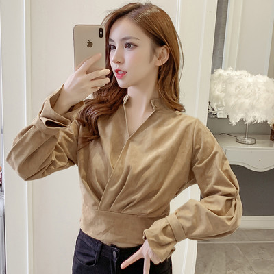 Női ing V-nyakú, derékrészben gumírozott rózsaszín és barna színben