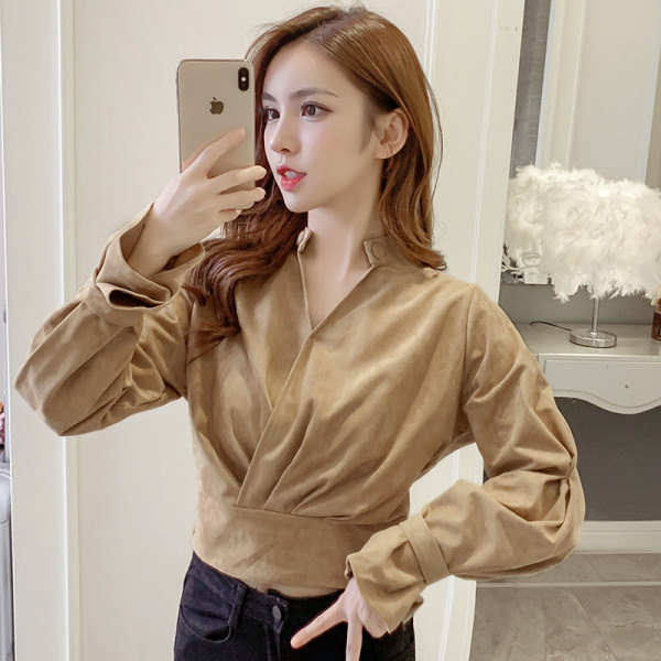 Női ing V-nyakú, derékrészben gumírozott rózsaszín és barna színben