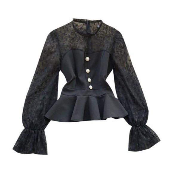 Bluză de damă elegantă cu mâneci lotus și nasturi în alb-negru