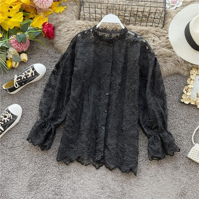 Új modell csipke női ing lótusz ujjal és hímzéssel - retro stílusú fehér, fekete és bézs színben