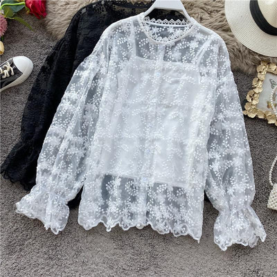 Új modell csipke női ing lótusz ujjal és hímzéssel - retro stílusú fehér, fekete és bézs színben