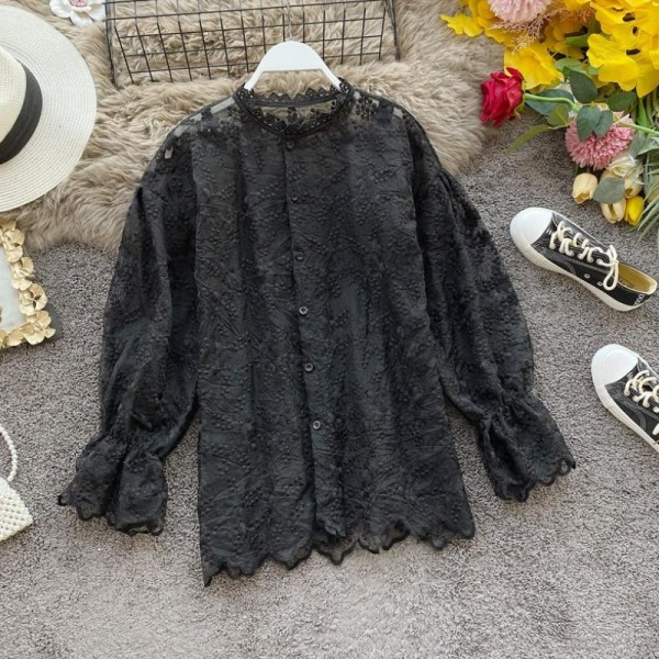 Új modell csipke női ing lótusz ujjal és hímzéssel - retro stílusú fehér, fekete és bézs színben