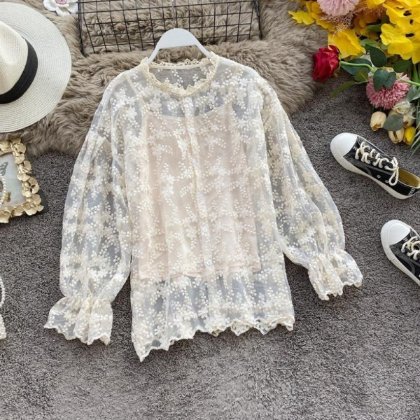 Új modell csipke női ing lótusz ujjal és hímzéssel - retro stílusú fehér, fekete és bézs színben