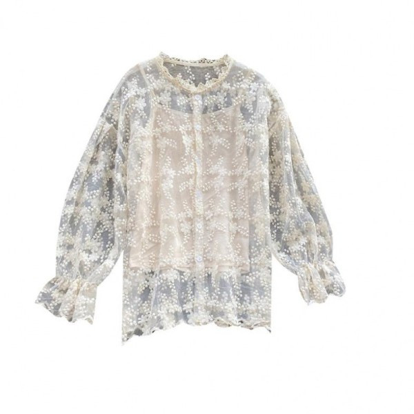 Új modell csipke női ing lótusz ujjal és hímzéssel - retro stílusú fehér, fekete és bézs színben