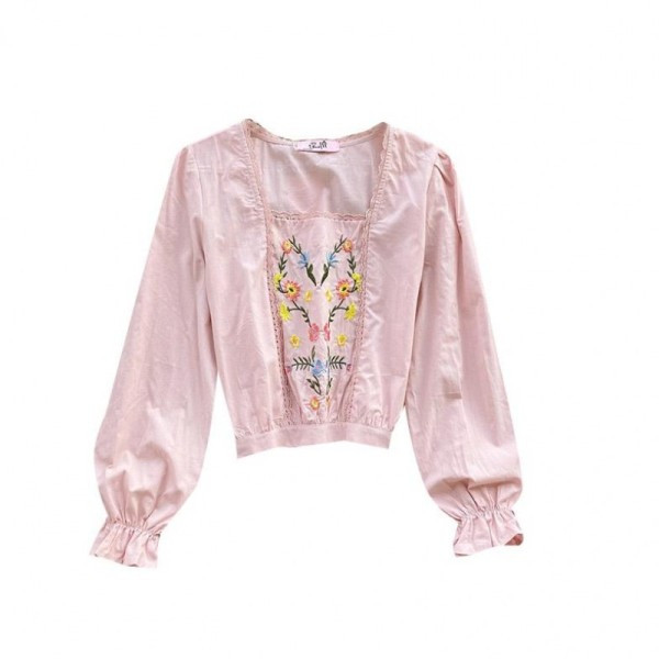 Aktuális női blúz szögletes nyakkivágással és sárga, kék és rózsaszín hímzéssel