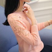 Γυναικείο πουλόβερ με ωοειδές λαιμόκοψη και δαντέλα σε ροζ, μαύρο, κίτρινο, μωβ και μπεζ χρώμα