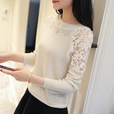 Γυναικείο πουλόβερ με ωοειδές λαιμόκοψη και δαντέλα σε ροζ, μαύρο, κίτρινο, μωβ και μπεζ χρώμα