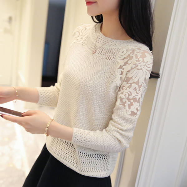 Γυναικείο πουλόβερ με ωοειδές λαιμόκοψη και δαντέλα σε ροζ, μαύρο, κίτρινο, μωβ και μπεζ χρώμα