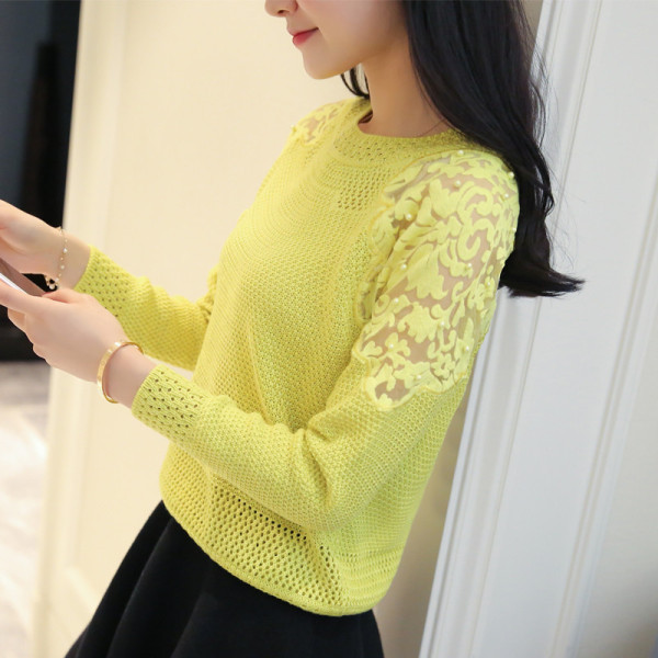 Γυναικείο πουλόβερ με ωοειδές λαιμόκοψη και δαντέλα σε ροζ, μαύρο, κίτρινο, μωβ και μπεζ χρώμα